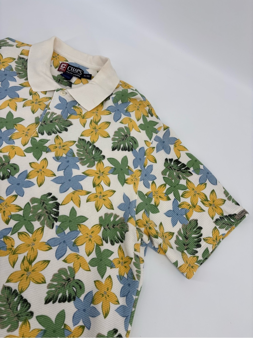 Chaps Ralph Lauren Polo Shirt Mens XL Ribbed Knit Hawaiian Flower Floral Vintage